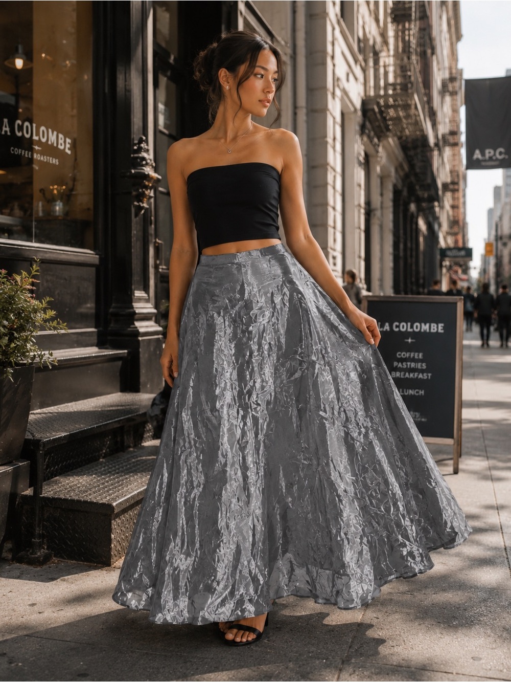 Dress Barn Crinkled Maxi Skirt in Silver Gray